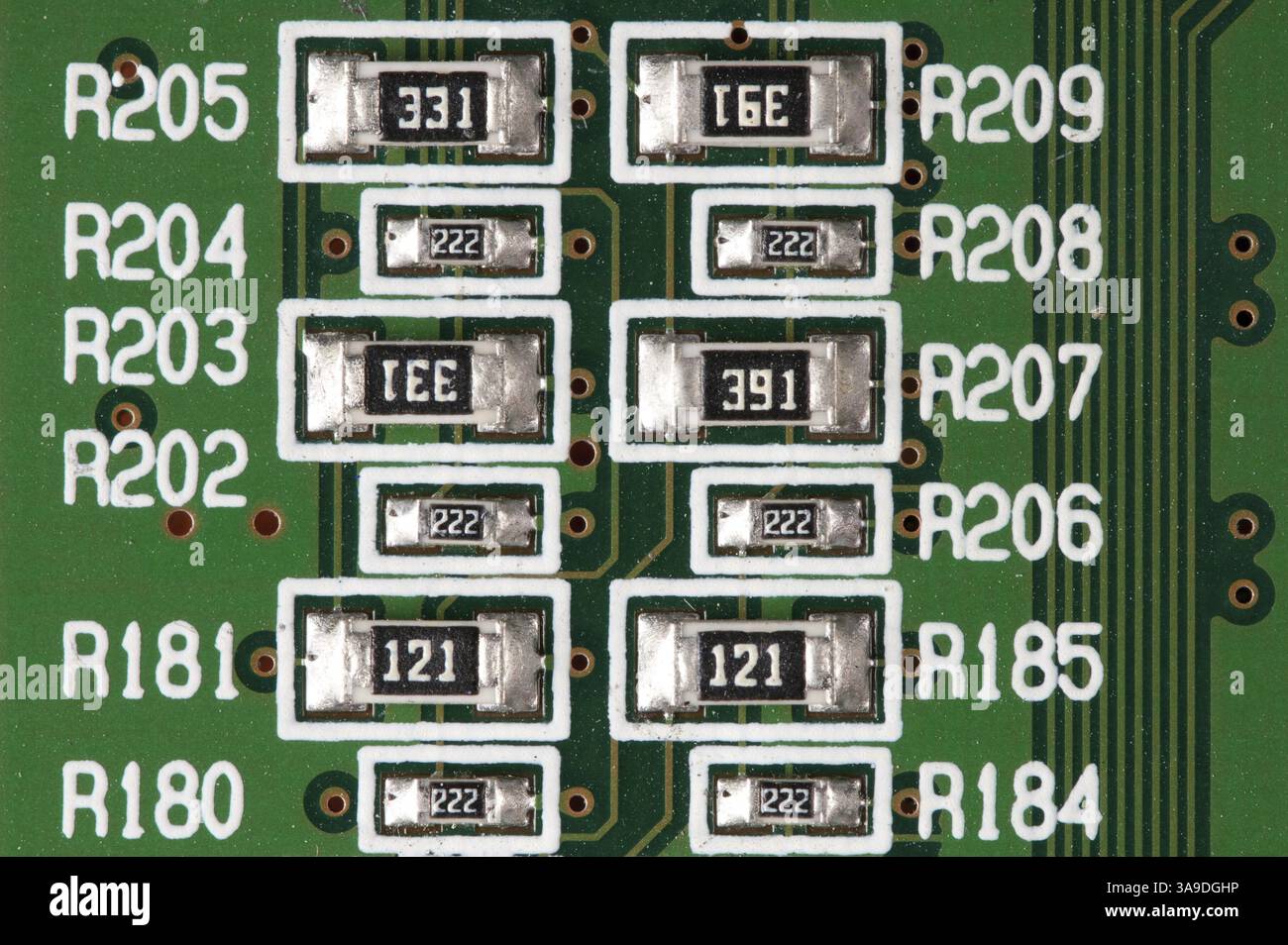 Chips on a green printed electronic board Stock Photo
