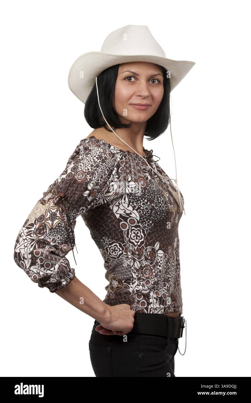 Woman in a cowboy hat isolated on white background Stock Photo - Alamy