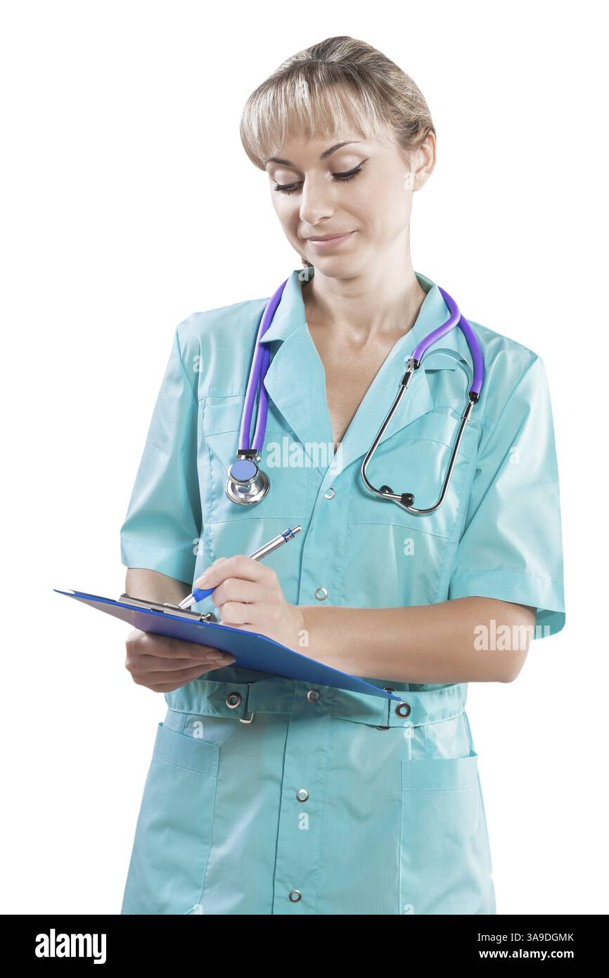 Female doctor writing in clipboard isolated Stock Photo - Alamy