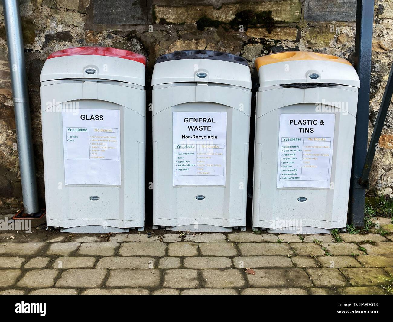 Recycling bins for Glass, General Waste and Plastic & Tins - Smartphone Captured Stock Image