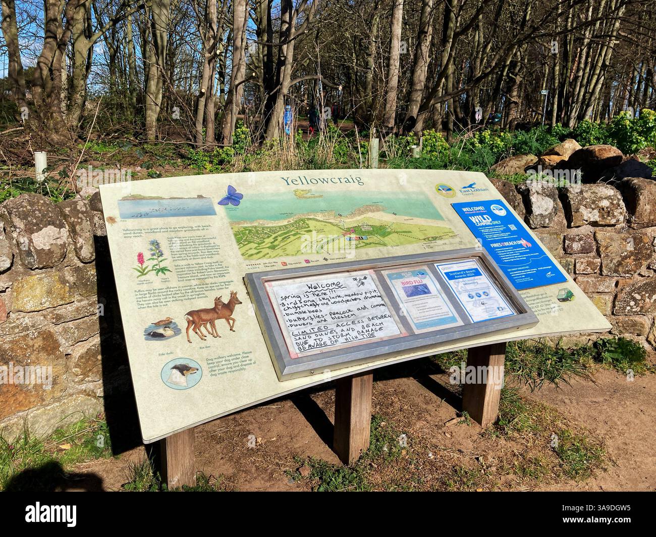 Information board for Yellowcraig beach, Dirleton, East Lothian Scotland - Smartphone Captured Stock Image