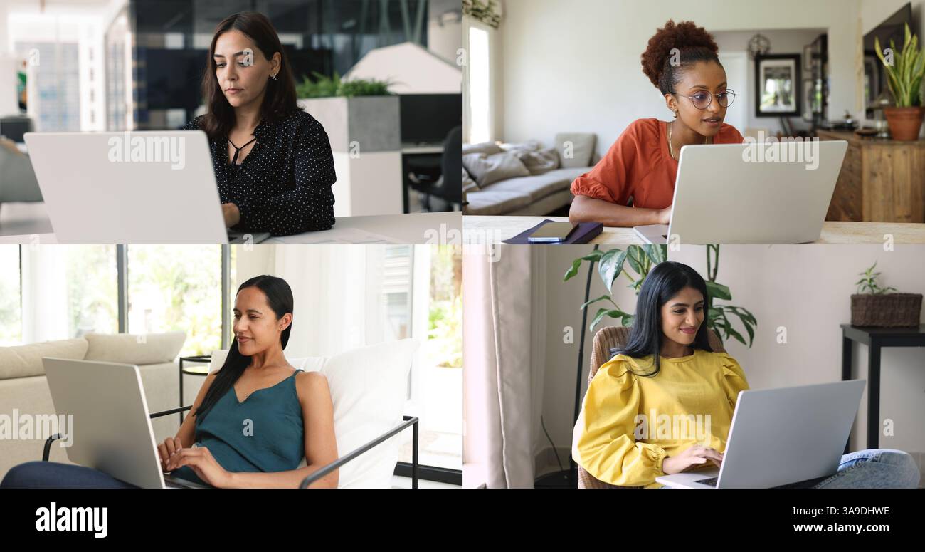 Four diverse attractive women using laptops for work or study Stock Photo