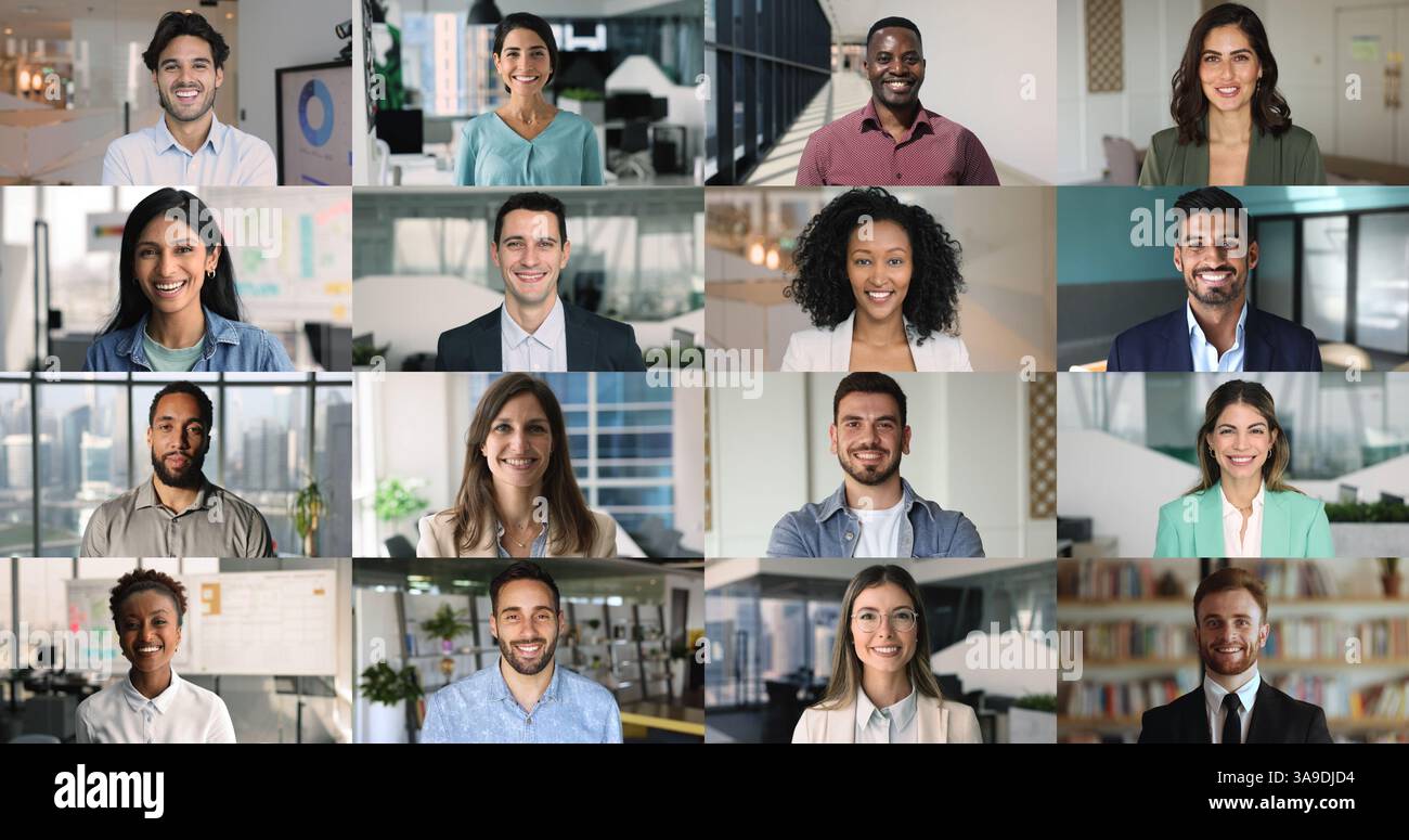 Collage of diverse businesspeople posing in office, multiple faces ...