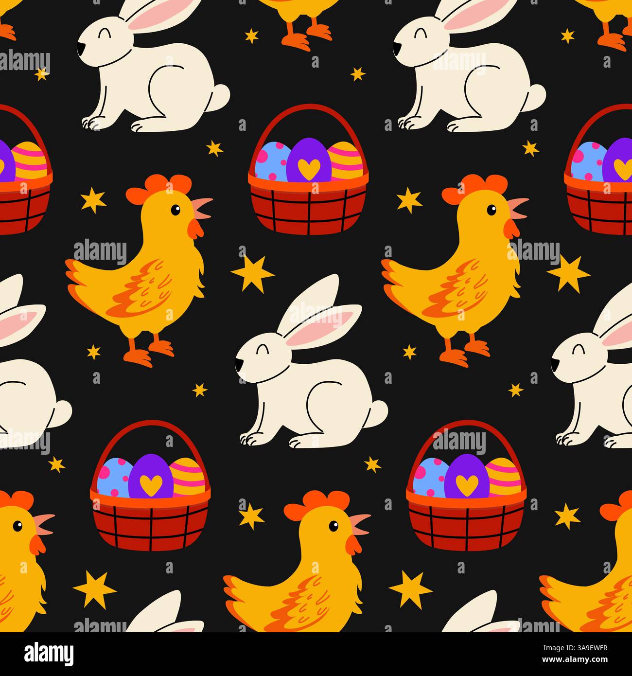 Colorful Easter pattern featuring rabbits, chickens, and decorated baskets on a dark background Stock Vector