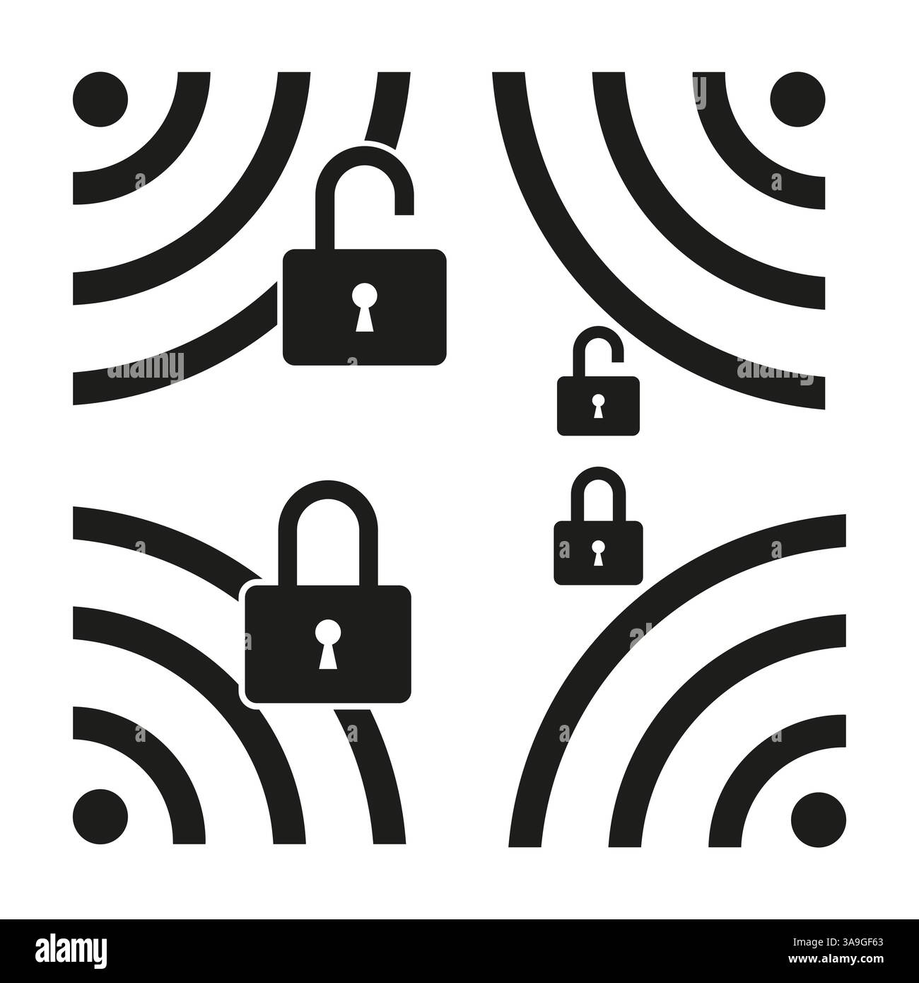 Lock and wave pattern. Wireless signal icon. Open and closed locks ...