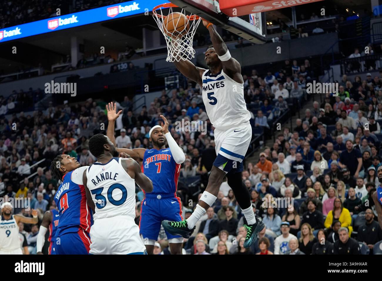 Minnesota Timberwolves guard Anthony Edwards (5) dunks during the first ...