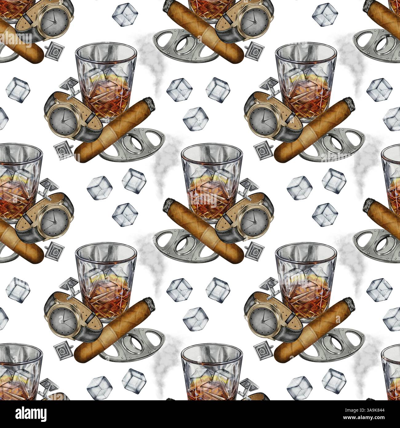 Realistic watercolor seamless pattern featuring a whiskey glass, cigar ...
