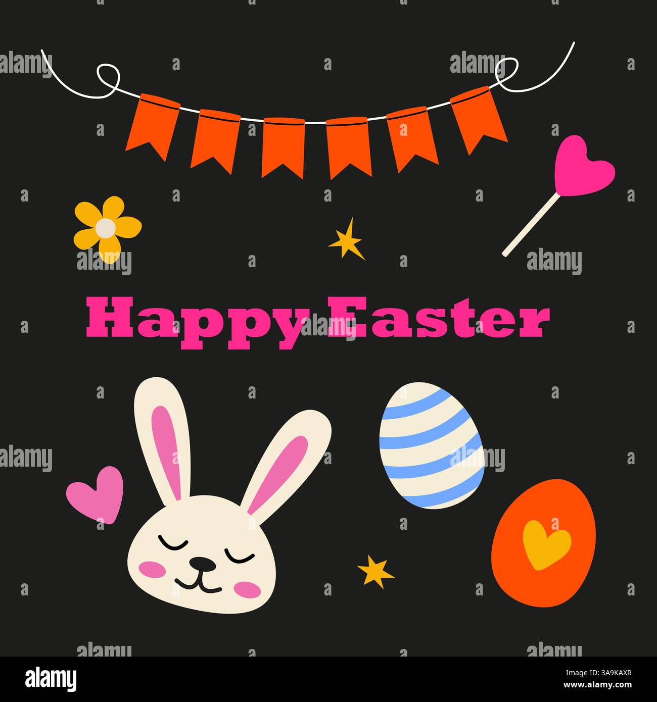 Colorful Easter decorations with bunny, eggs, and festive elements for celebration Stock Vector