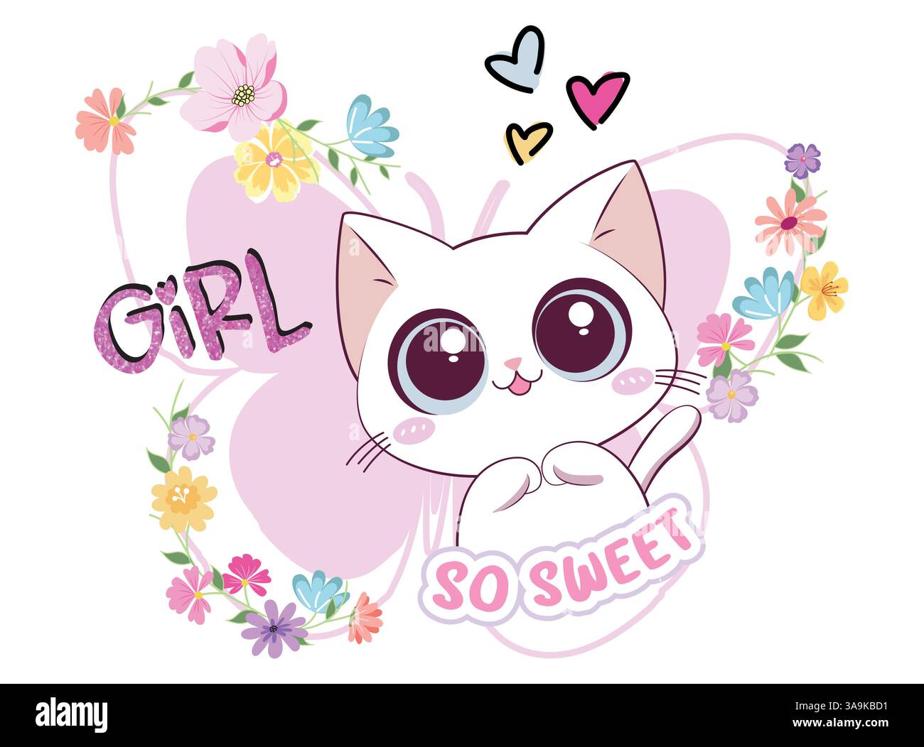 Vector illustration, kitten with flowers and butterfly shaped stuffer Stock Vector