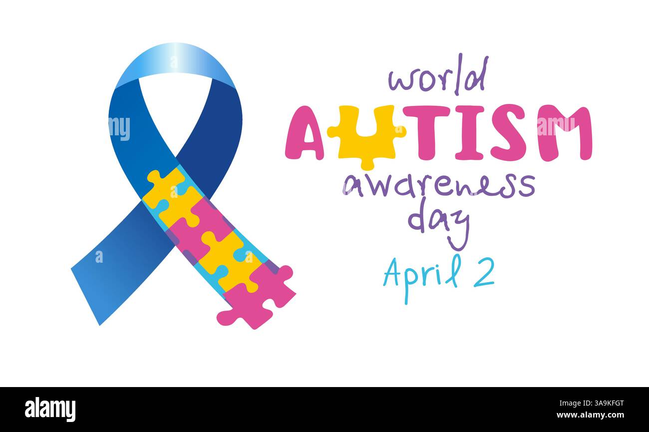 2nd of April event invitation, network poster for Autism awareness day. Creative symbol of blue ribbon loop with coloured puzzles. Medical or educate Stock Vector