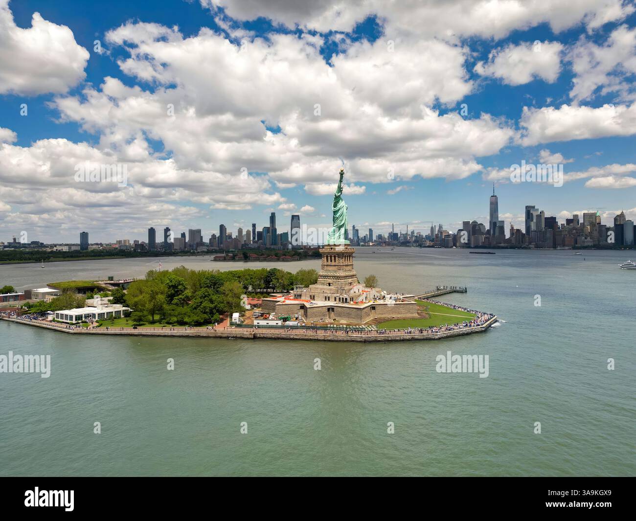 New York City with statue of liberty photo from drone. Aerial view of ...