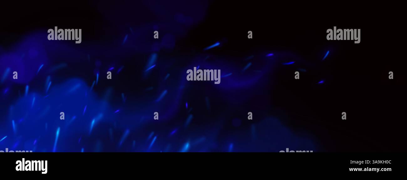Blue fire sparks and glowing embers flying in dark space, azure flame ...