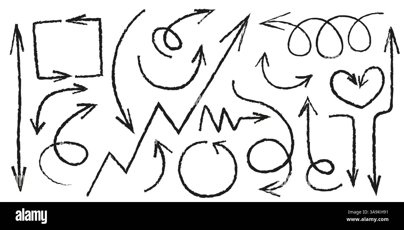 Set of handdrawn arrow doodles - rough black sketch collection of various direction pointers, curly swirls and circular loops. Freehand vector illustration elements for diagram and infographic design. Stock Vector