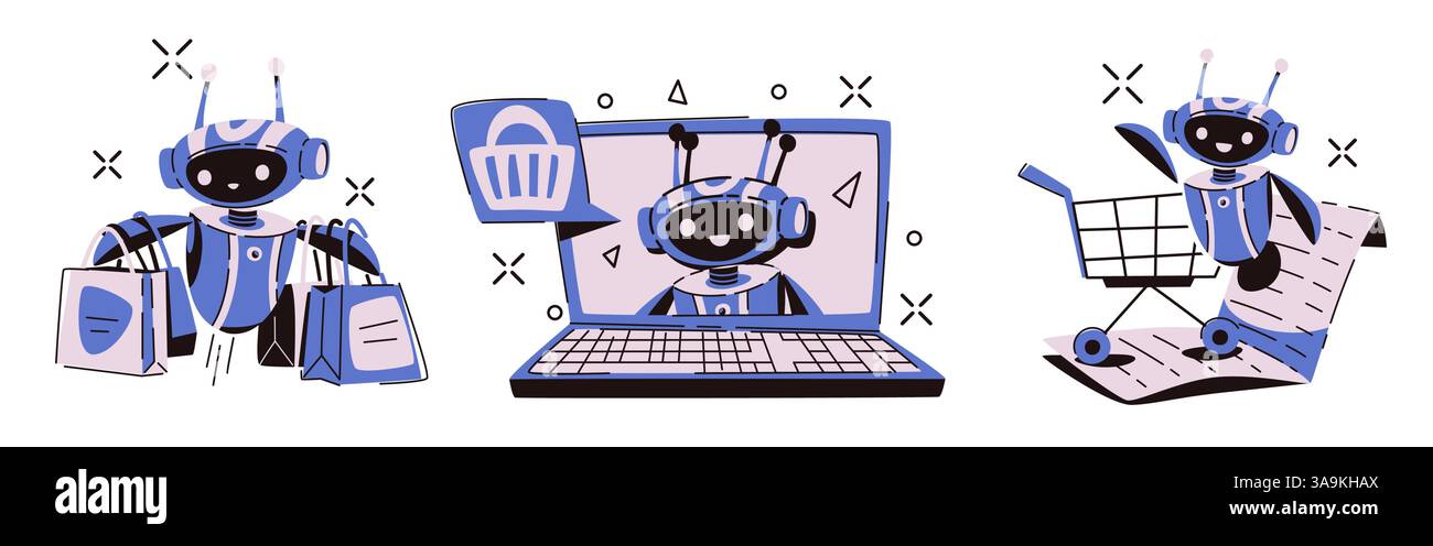 Online shopping chatbot assistance - cute smiling robot character with shop bags, cart and on laptop screen. Consumer support AI bots for ecommerce website customer service. Flat vector illustration Stock Vector
