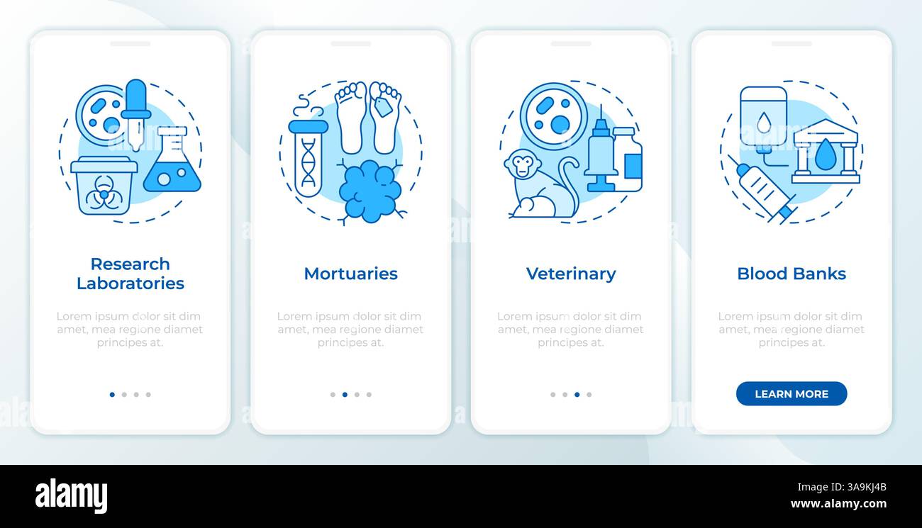 Biomedical waste sources types blue onboarding mobile app screen Stock ...
