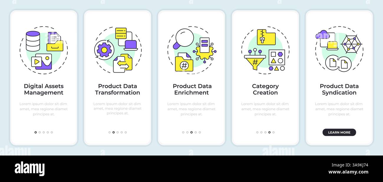 Features of PIM onboarding mobile app screen Stock Vector