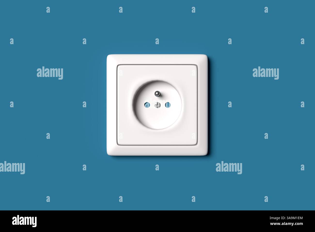 White electrical socket on vibrant blue wall, representing power supply and electrical connections. 3D render. Stock Photo
