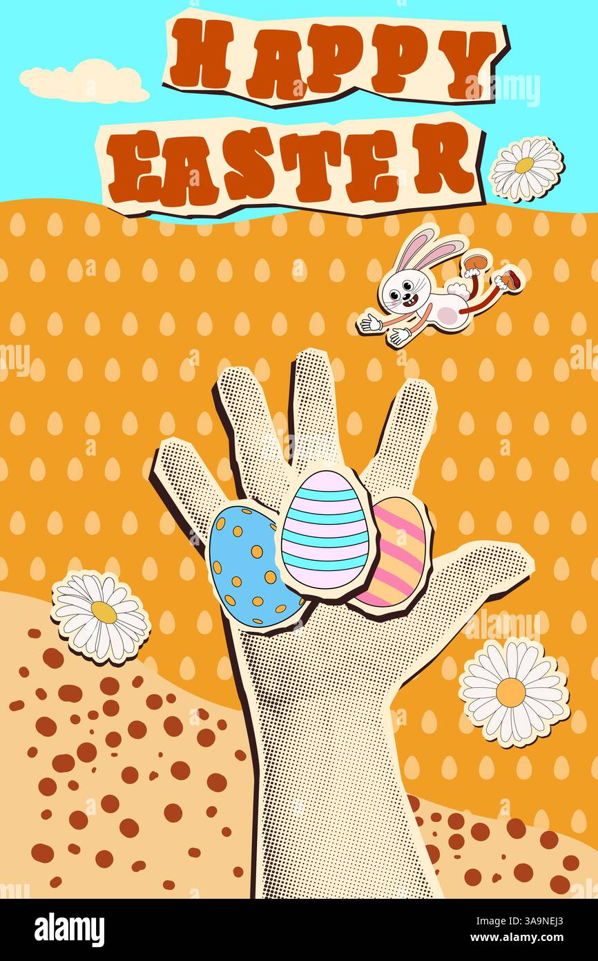 Happy Easter halftone retro collage poster Stock Vector