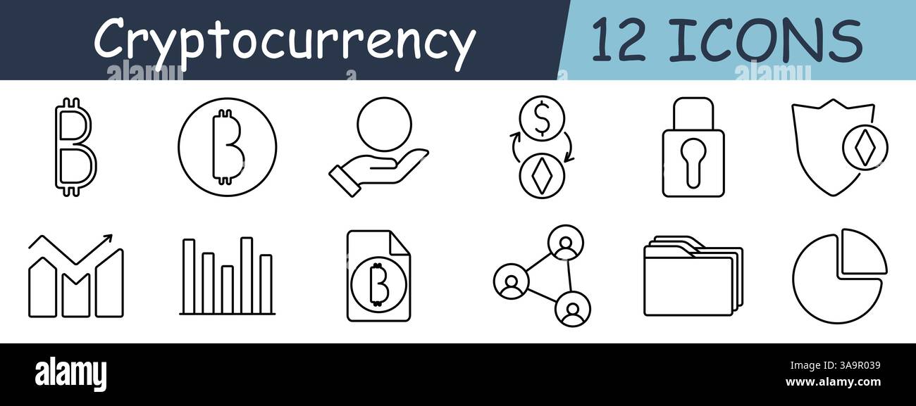Cryptocurrency set icon. Bitcoin, ethereum, lock, protection, file, chart, document, shield, user, statistics, exchange, blockchain, graph Stock Vector