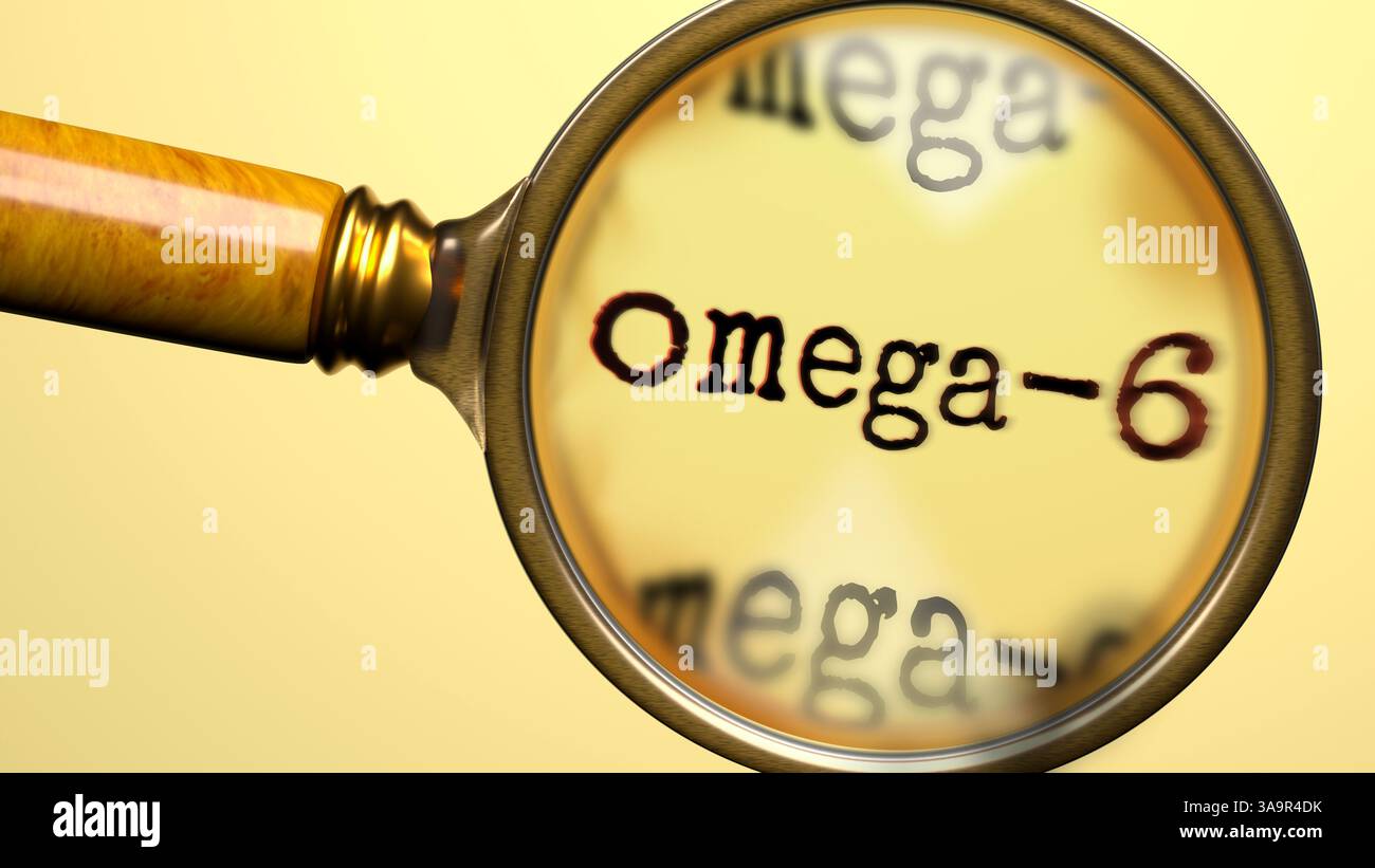 Omega-6 under magnifying glass. Thorough analysis and inspection of omega-6. Taking a closer look at omega-6. Examination of the concept of omega-6 Stock Photo