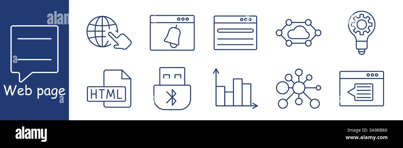 Web page set icon. Browser, globe, notification, HTML, Bluetooth, idea, graph, file, cloud, network, showing innovation, coding, interaction, online c Stock Vector