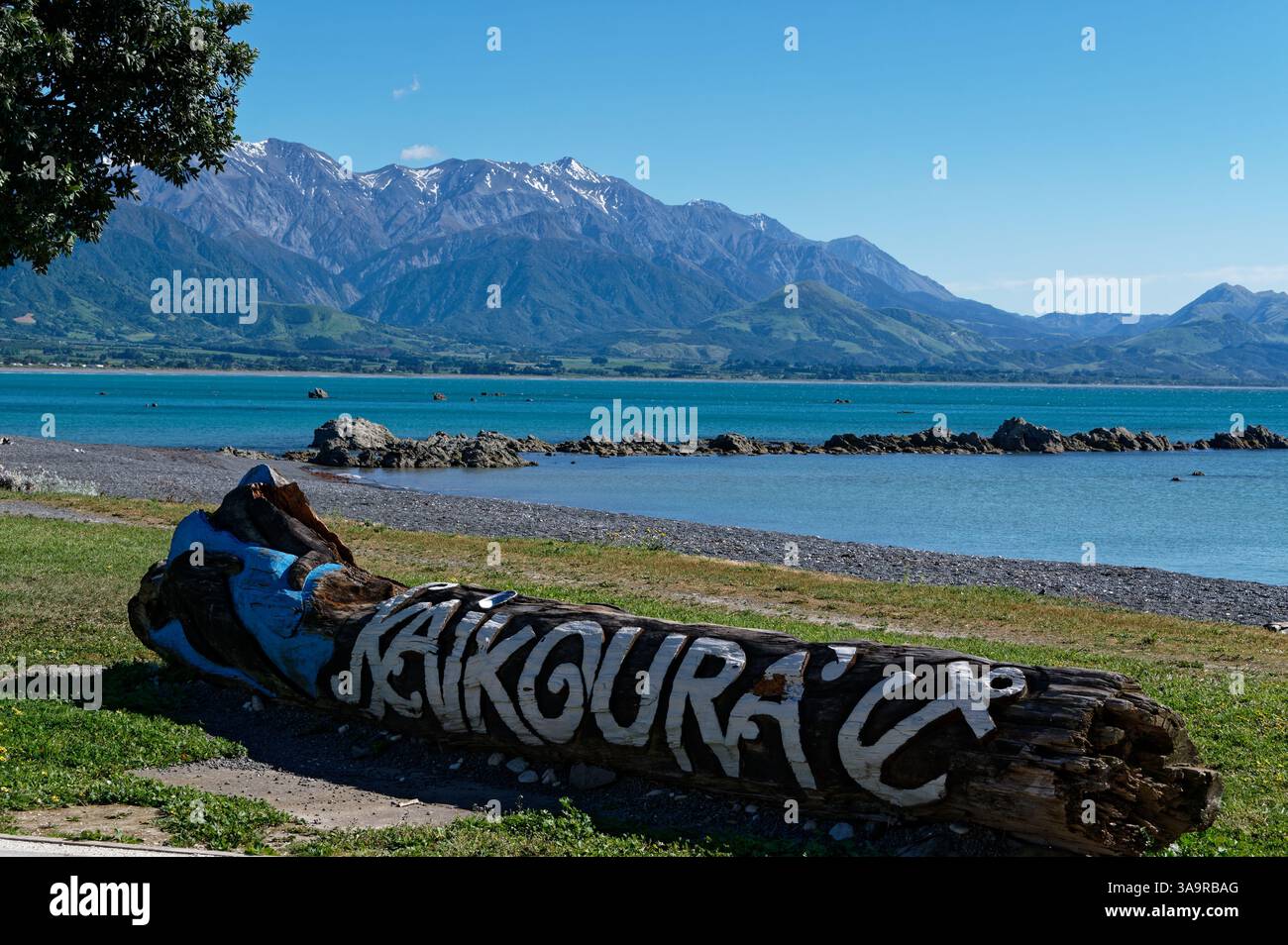 Kaikoura, a coastal town in Aotearoa, New Zealand's South Island famous for whale watching.  Kaikoura means 'meal of crayfish', popular in Kaikoura. Stock Photo