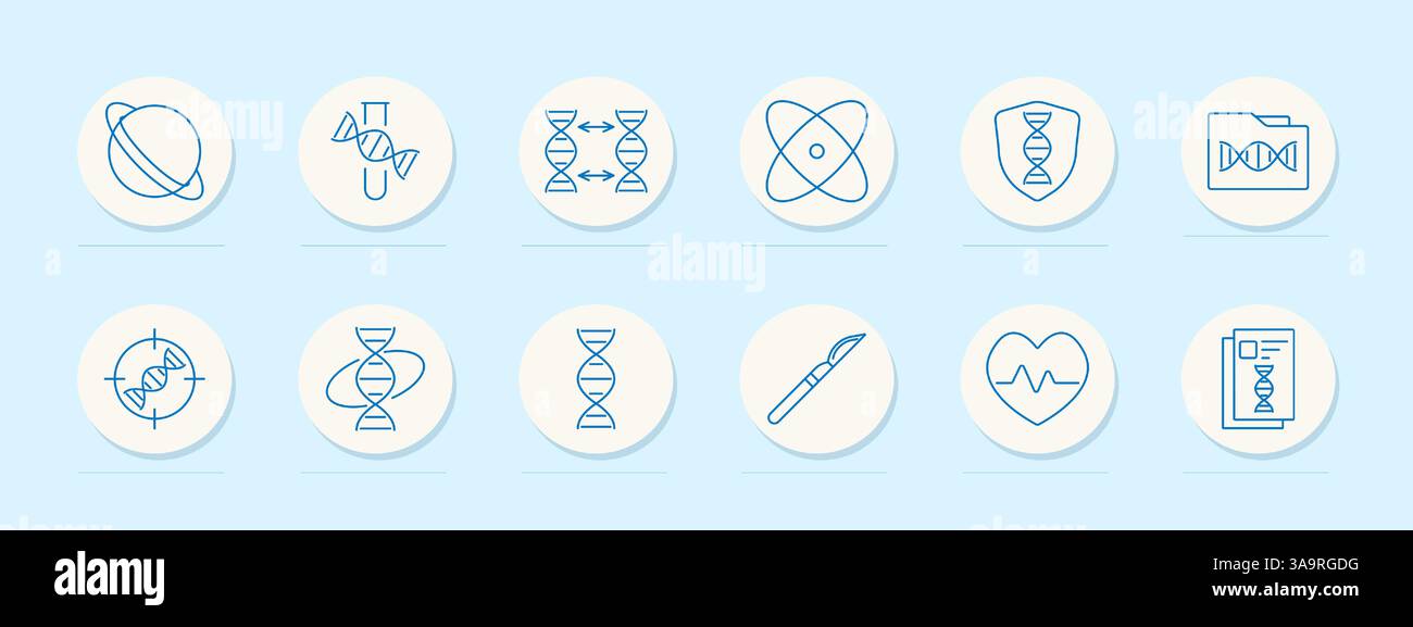Genetics set icon. DNA, research, protection, molecule, atom, structure ...