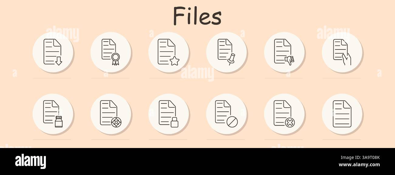 Files set icon. Document, globe, phone, location, gear, pacifier, checkmark, test tube, case, download, sort, signature, mail, showing file utility fe Stock Vector