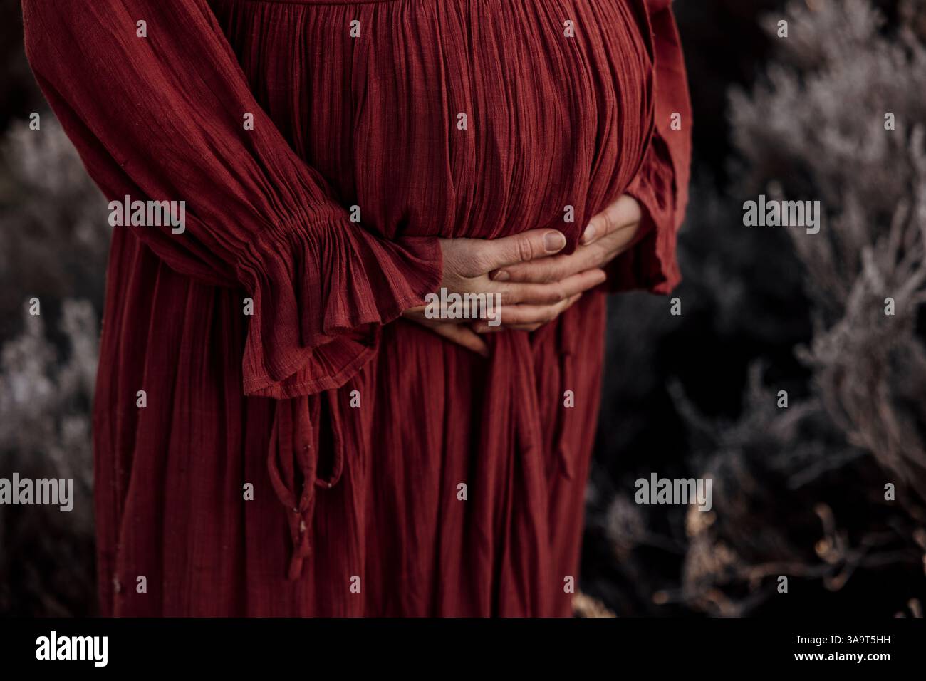 Pregnant woman in a red dress holding her belly outdoors Stock Photo ...