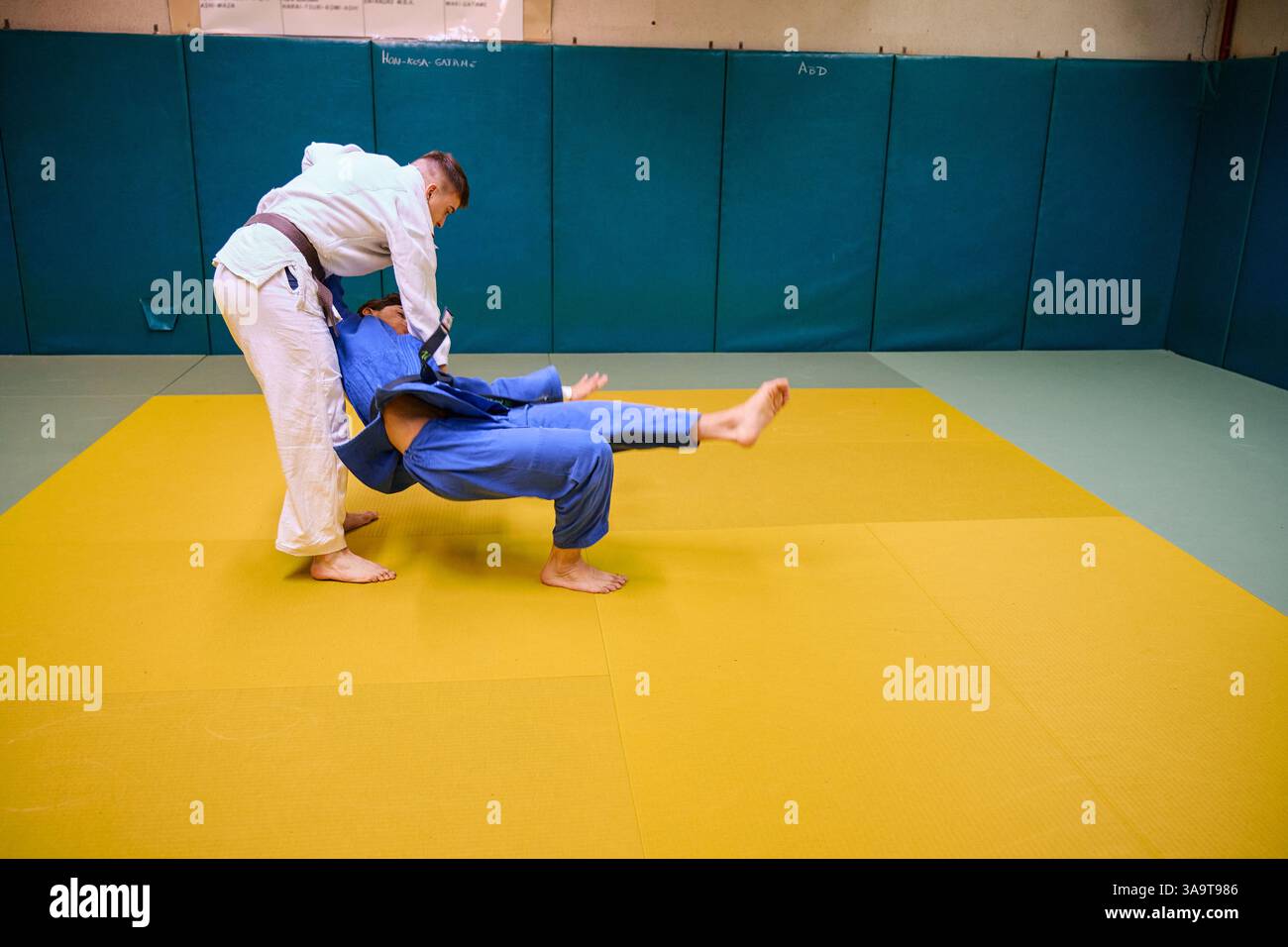 Martial arts training session indoors with two practitioners in action Stock Photo