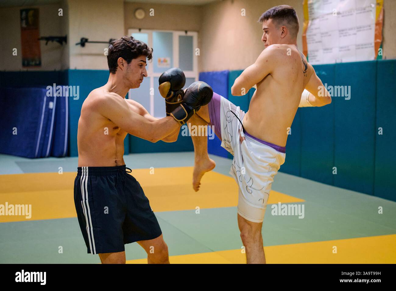 Training session for martial arts in a gym with two athletes Stock Photo