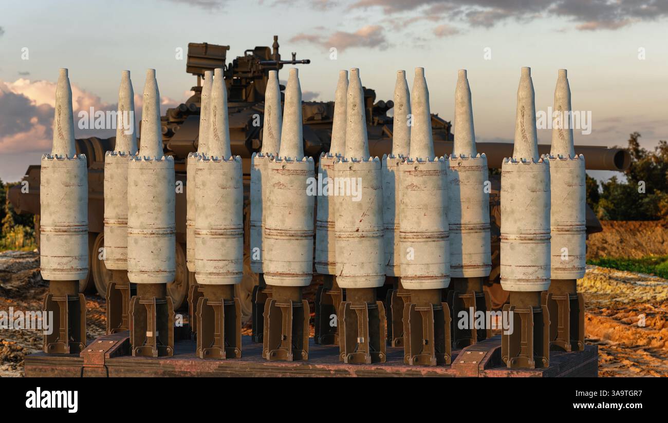 Tank cannon shells on an ammunition box in the background of a tank Stock Photo