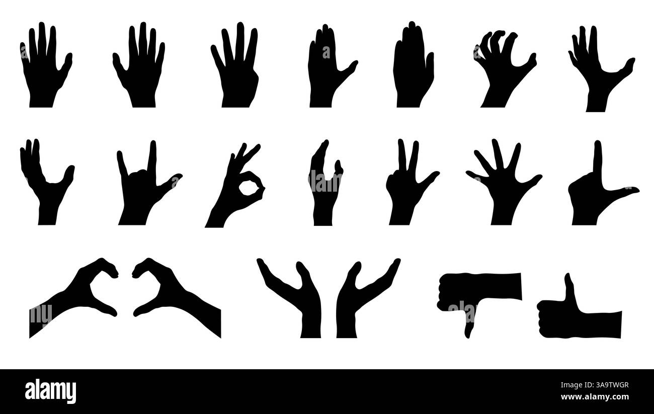 set of silhouettes of hands. different silhouette poses of hand gestures. Stock Vector