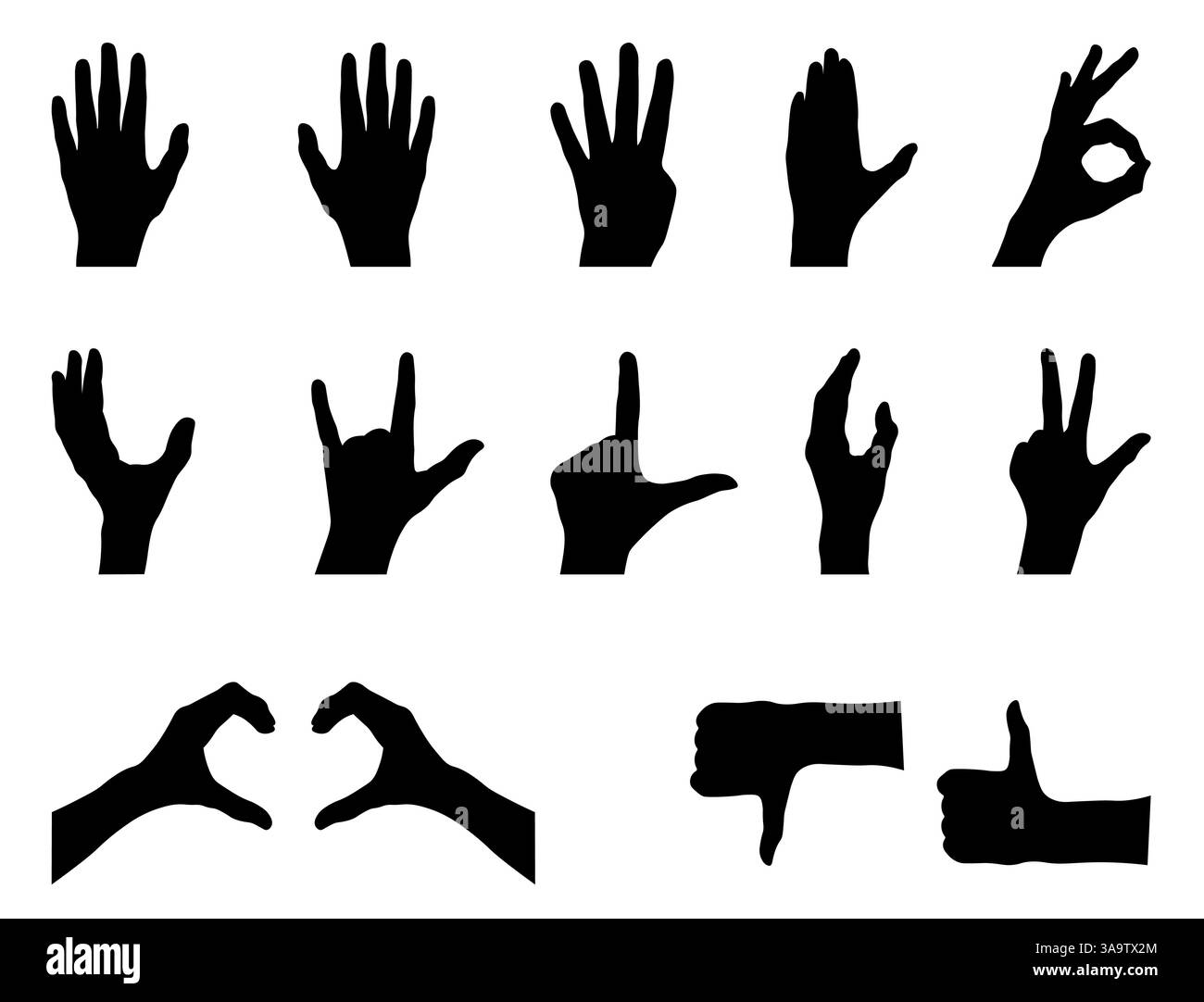 set of silhouettes of hands. different silhouette poses of hand gestures. Stock Vector