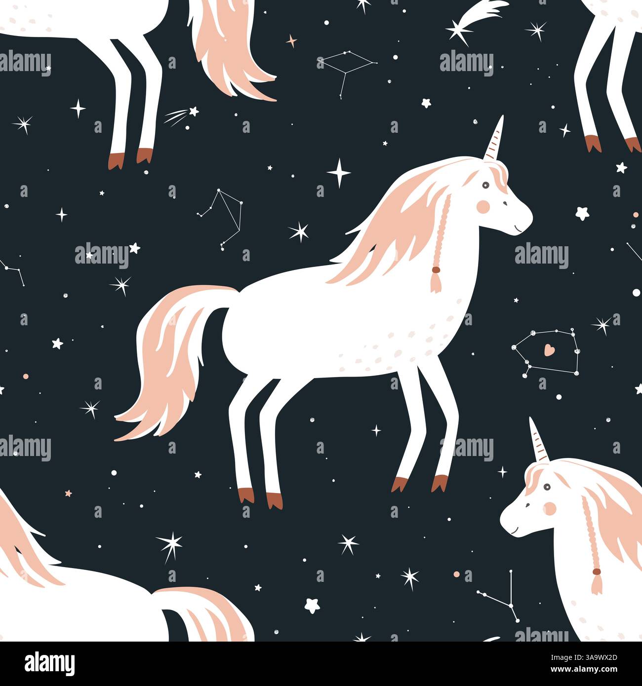 Seamless pattern with cute unicorns on the night sky background ...