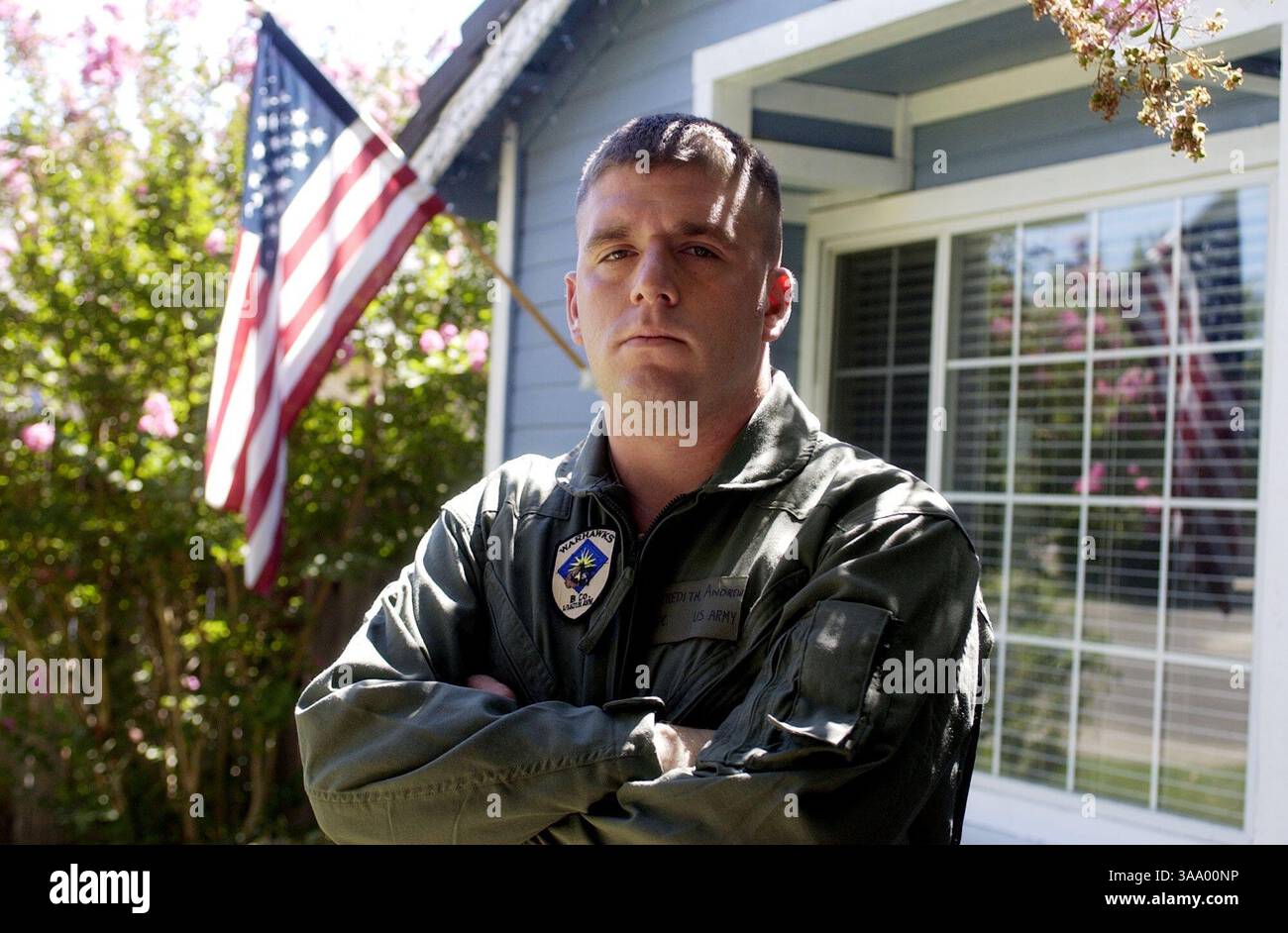 Andrew Meredith (CQ) outside his Galt home, Sunday August 29, 2004. Meredith is due to ship out to Iraq in early September for one year, even though his enlistment is up six months into the deployment. The helicopter gunner does not believe in the war but will due his duty. Sacramento Bee/ Brian Baer/ZUMA Press Stock Photo