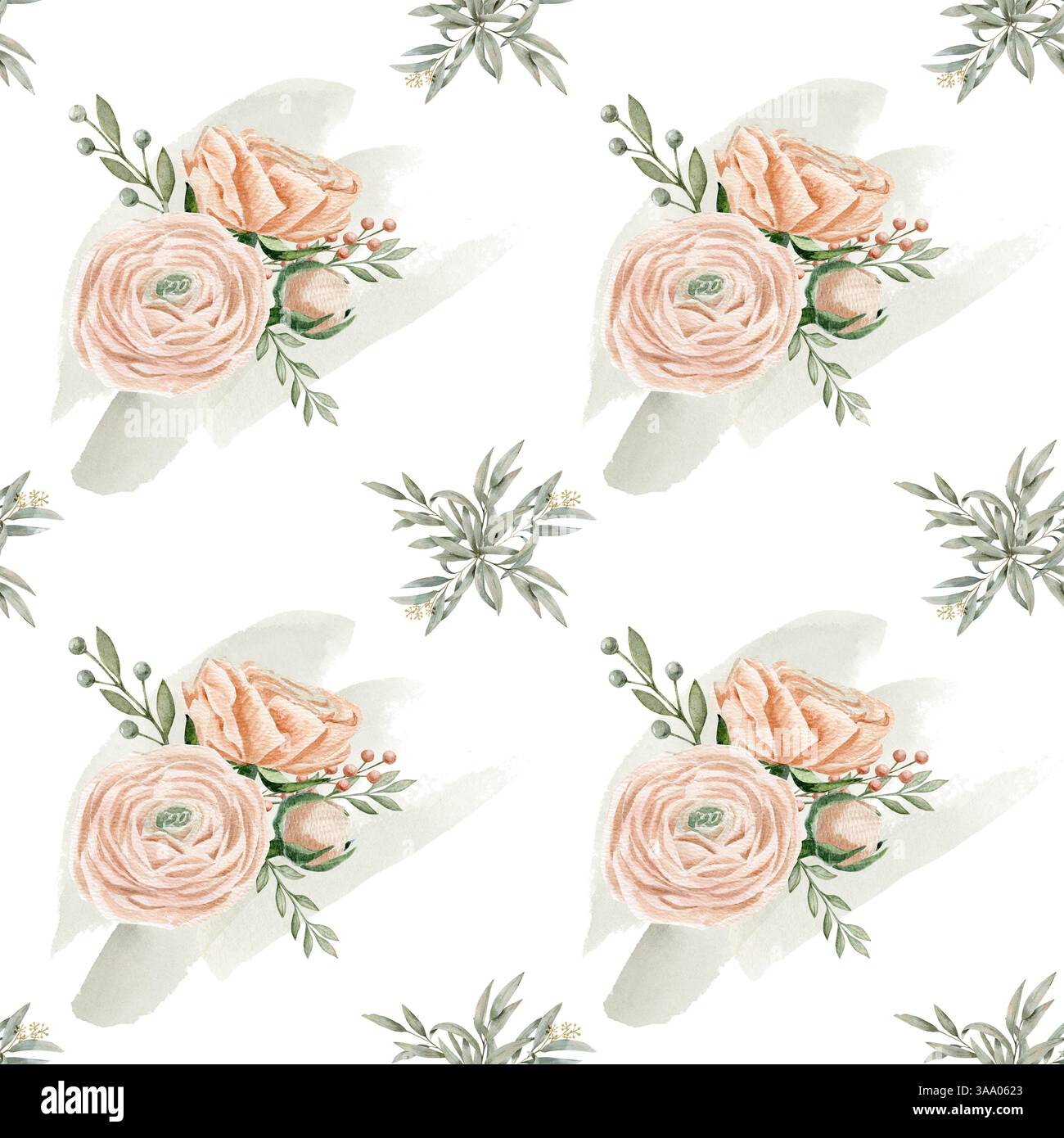 Watercolor hand drawn seamless pattern with different of peachy pink ...