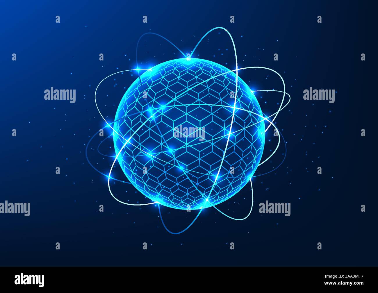 Quantum technology, a circular object surrounded by circuit lines reflecting quantum qubits, processing massive amounts of data quickly, AI potential, Stock Vector