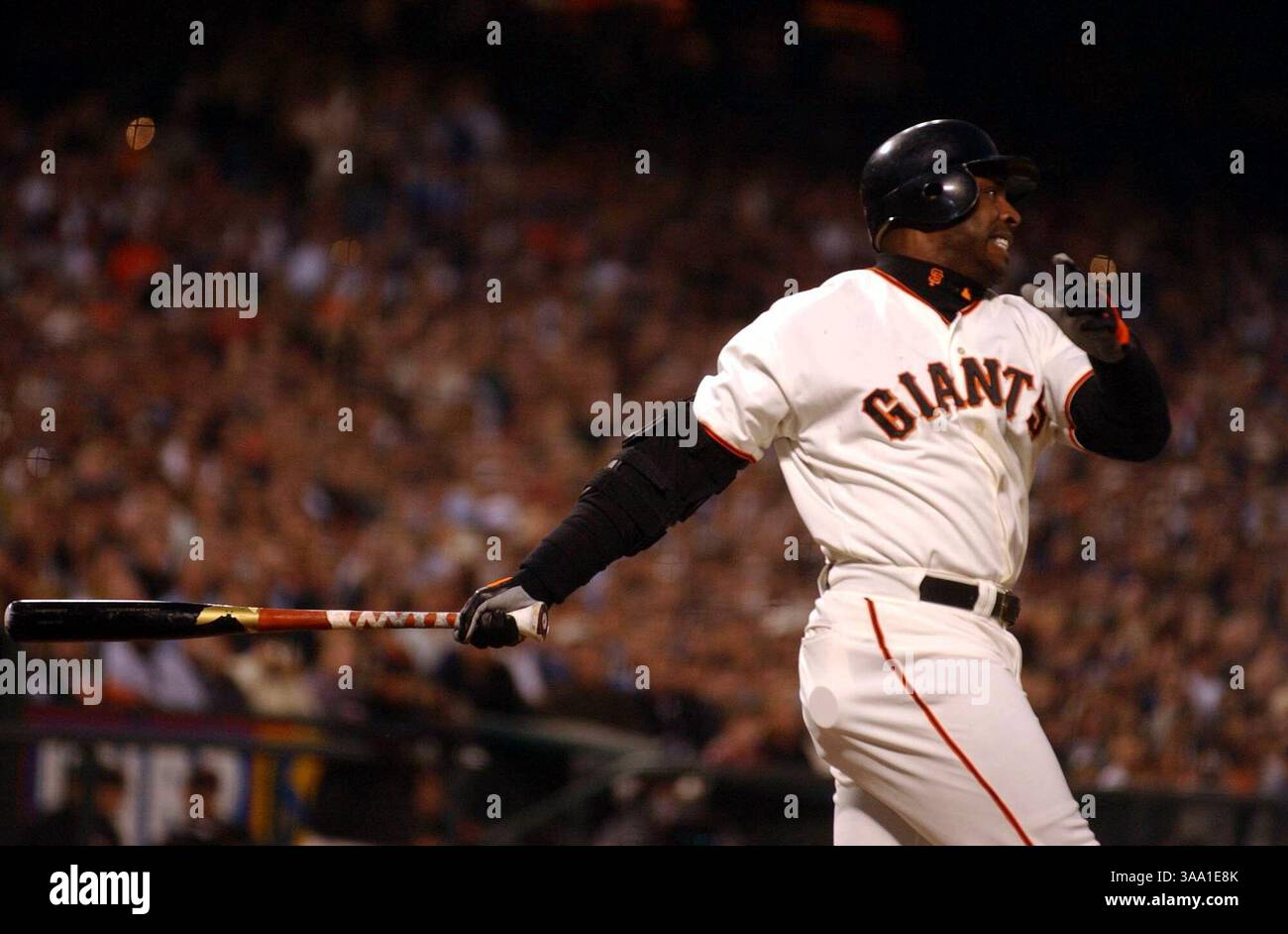 Barry Bonds swings and misses at a Kerry Woods pitch in the bottom of the 3rd inning. Bonds was called out on strikes to end the bottom half in Wednesday nights game between the Chicago Cubs and the San Francisco Giants at Pac Bell Park. Sacramento Bee photograph by Jose Luis Villegas  August 8, 2002/ZUMA Press Stock Photo