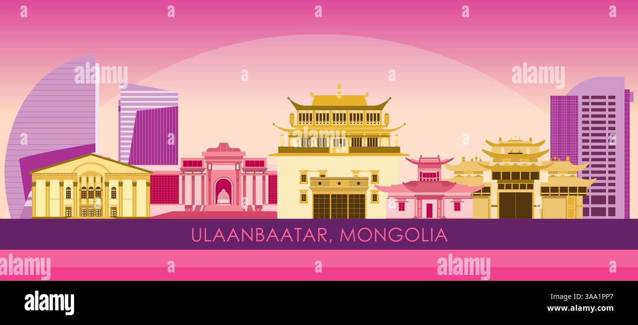 Sunset Skyline panorama of city of Ulaanbaatar, Mongolia - vector illustration Stock Vector