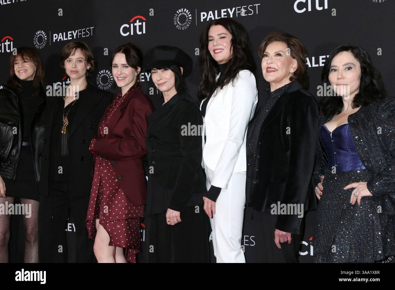 LOS ANGELES - MAR 29:  Charlotte Gainsbourg, Lou de Laage, Rachel Brosnahan, Amy Sherman-Palladino, Lauren Graham, Kelly Bishop, Alex Borstein at PaleyFEST 2025 - The Amy Sherman-Palladino Multiverse at the Dolby Theater on March 29, 2025 in Los Angeles, CA (Photo by Katrina Jordan/Sipa USA) Stock Photo