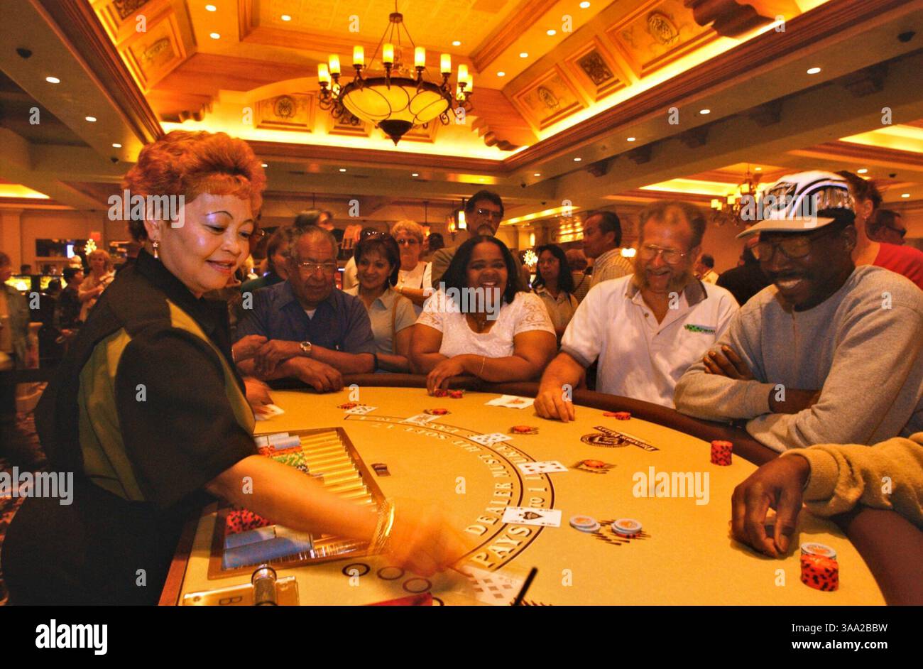 Cher (only first name can be used) deals hands of cards at her Blackjack table at the new Thunder Valley Casino near Lincoln, CA on opening day, Monday, june 9, 2003.  The facility has a capacity of 7400 and today  it was packed and hundreds waited outside to get in.  Sacramento Bee/  Jay Mather  /ZUMA Press Stock Photo