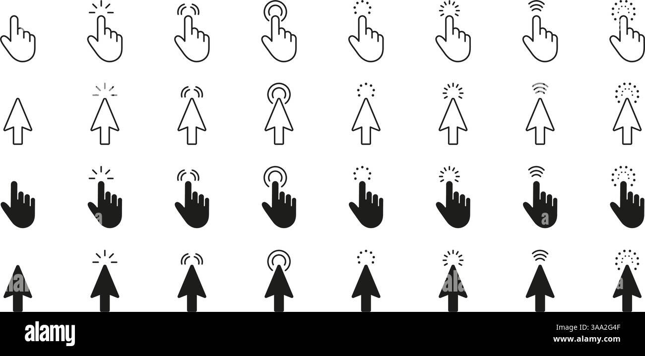 Cursor And Pointer Click Gesture Line And Solid Icon Set. Digital Navigation And Touchscreen Interaction Symbol Collection. Isolated Vector Stock Vector
