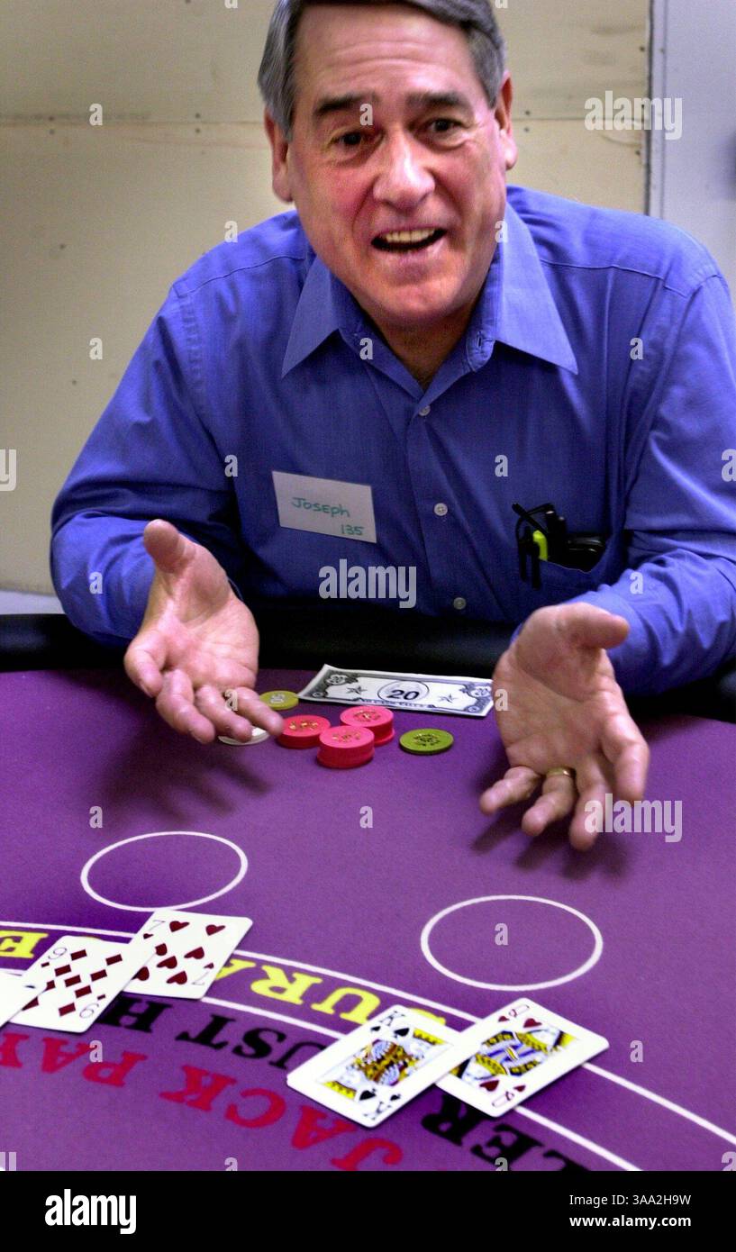 ''Wait a minute, I won and you took my money,'' says Thunder Valley Casino Dealer School student Joseph Varga, 61, to fellow dealer during training sessions Friday February 14, 2003 .  Sacramento Bee /  Owen Brewer/ZUMA Press Stock Photo
