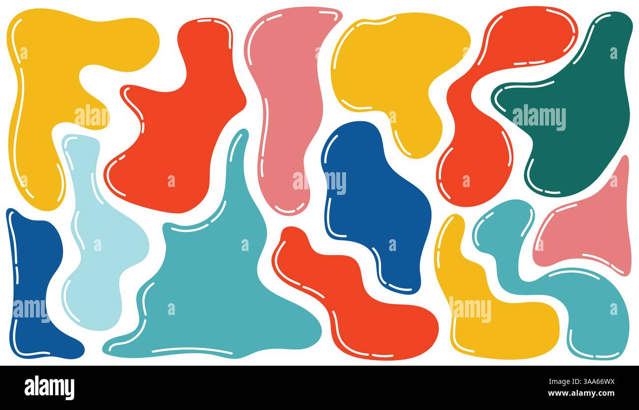A modern abstract poster with colorful irregular shapes on a white background. Organic, fluid, melting shapes. A playful, minimal, and contemporary ge Stock Vector