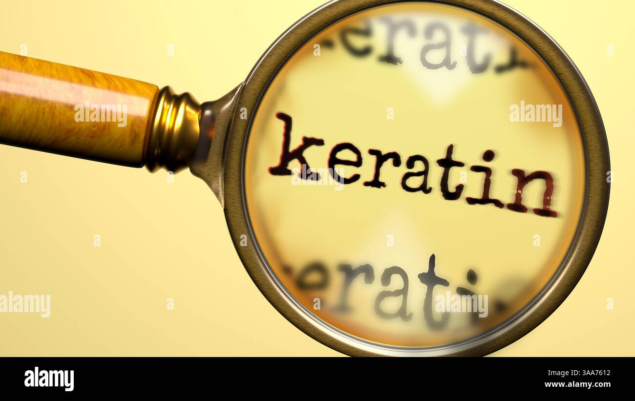 Keratin under magnifying glass. Thorough analysis and inspection of keratin. Taking a closer look at keratin. Examination of the concept of keratin Stock Photo