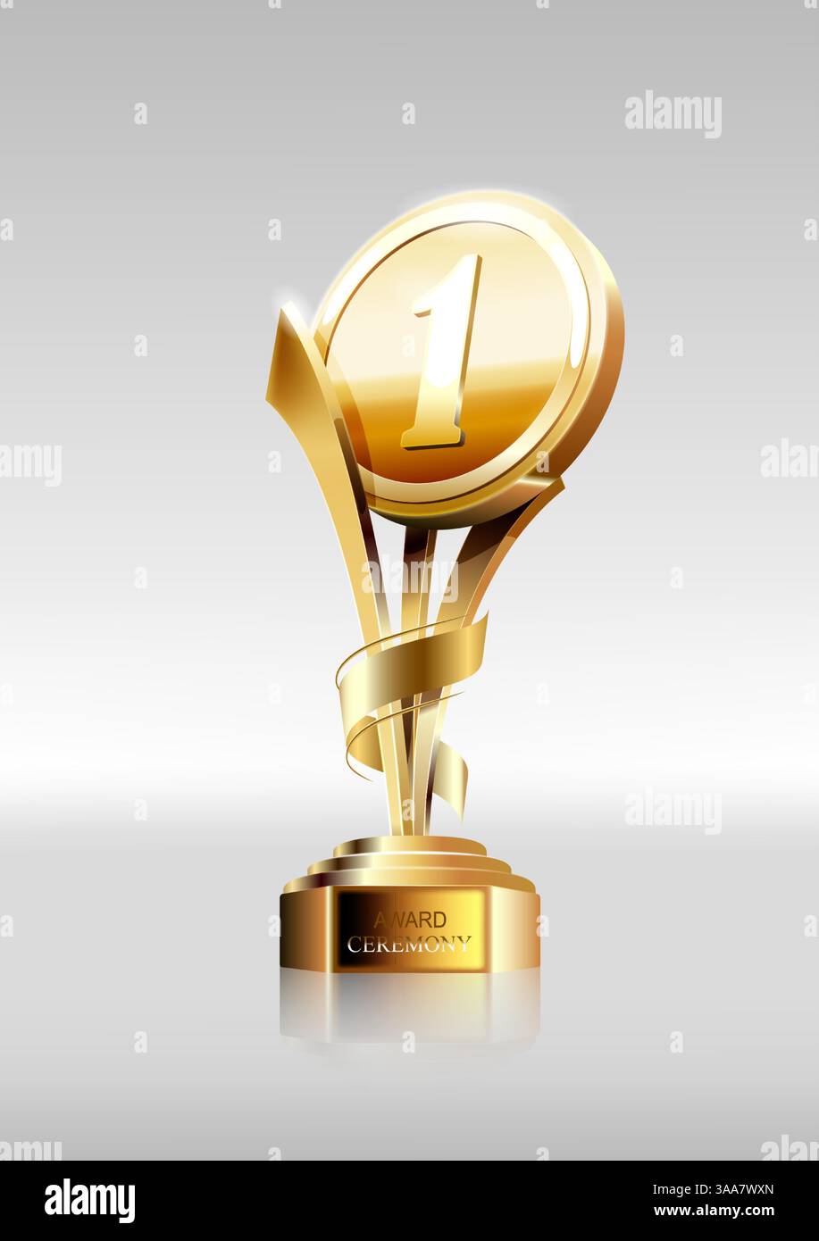 Winner award. Number one. Golden trophy and ribbon on podium with a ...