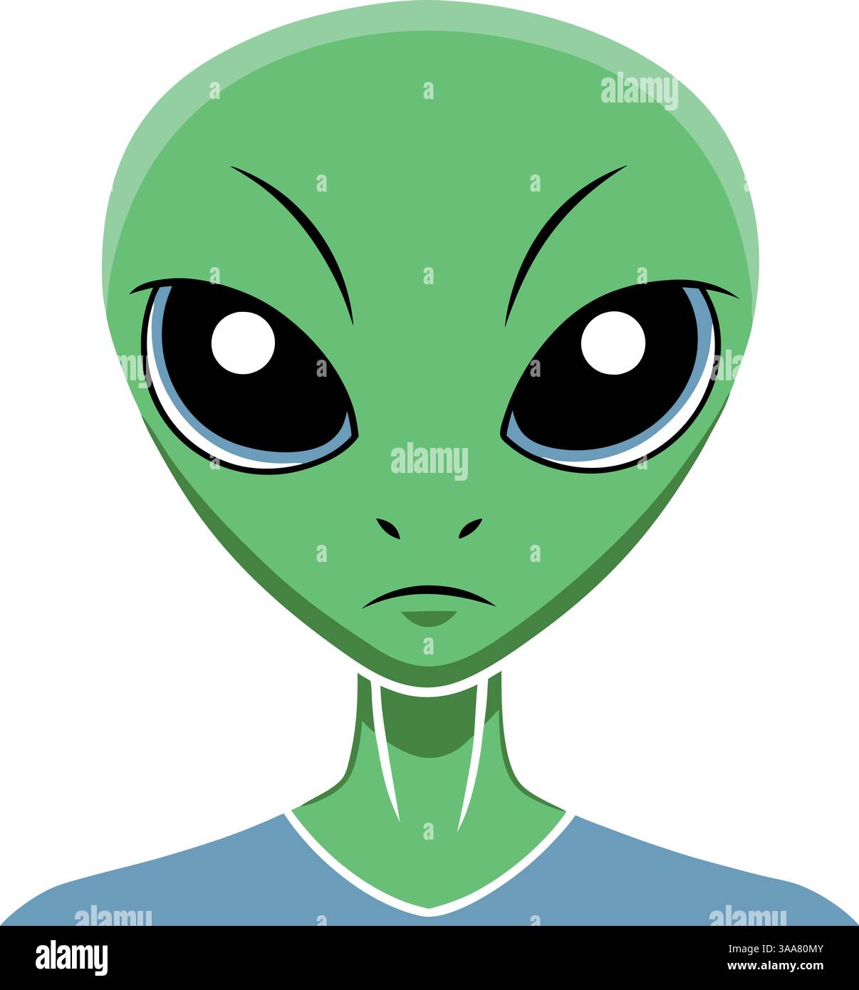 Green alien head with large black eyes. Stock Vector