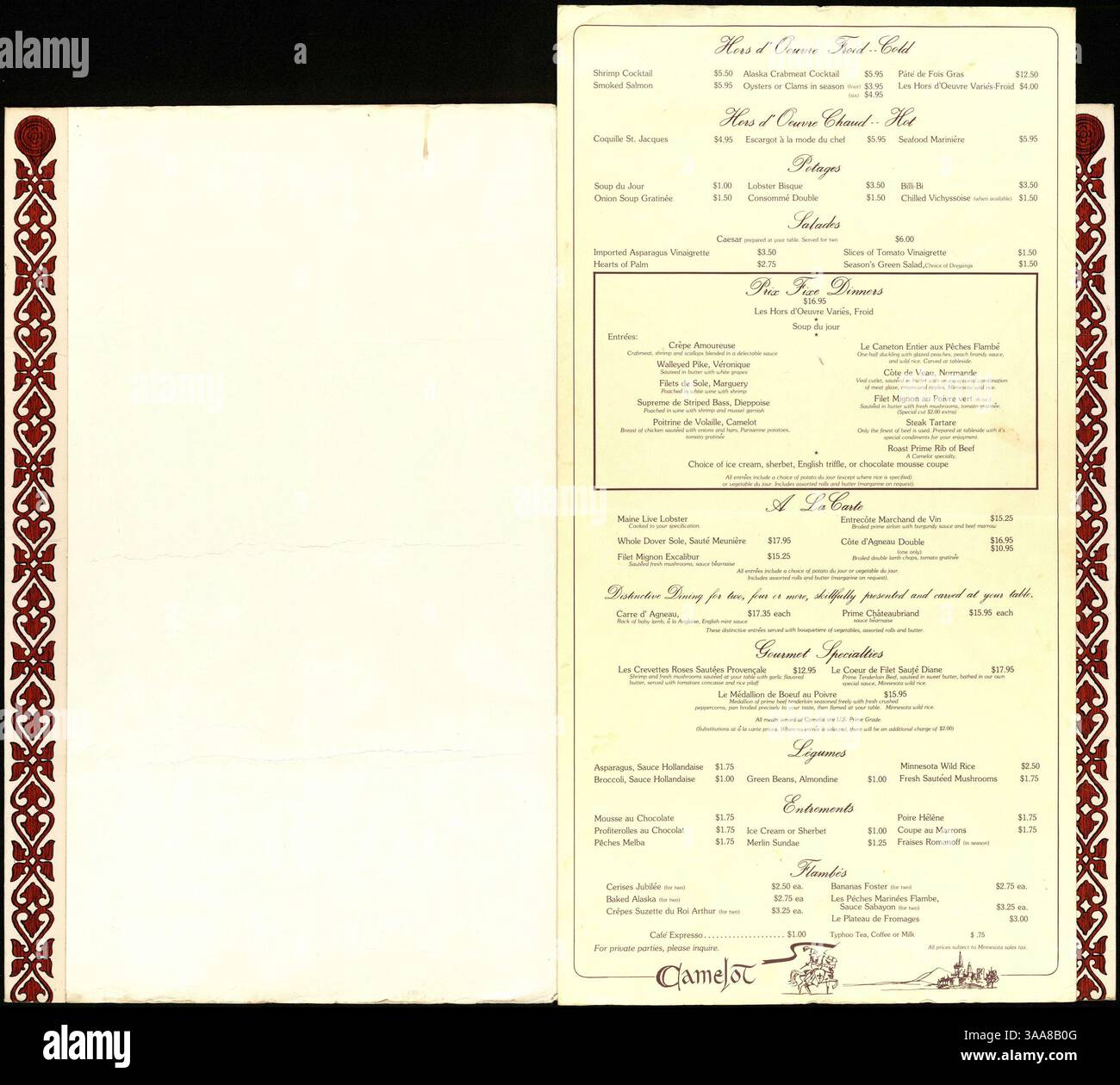 The Camelot Menu, printed on cream cardstock, lists various offerings ...