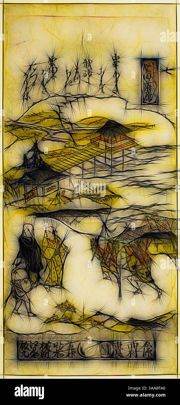 An intricate scene featuring a traditional landscape with rolling hills